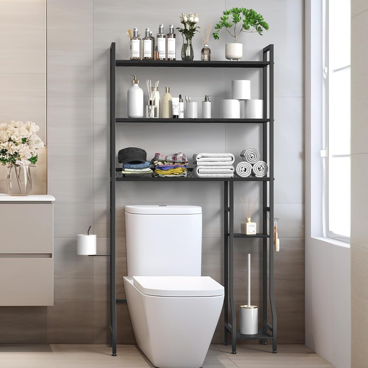 33" Extended Over The Toilet Storage Rack - Freestanding Bathroom Organizer with Adjustable Shelves, Hooks, Industrial Metal & Wood Design, Black - Easy Assembly